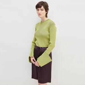 Akiranaka Sweater Top Erin Blouse Cuffed Panel Knit Green 2 Ribbed Designer Chic